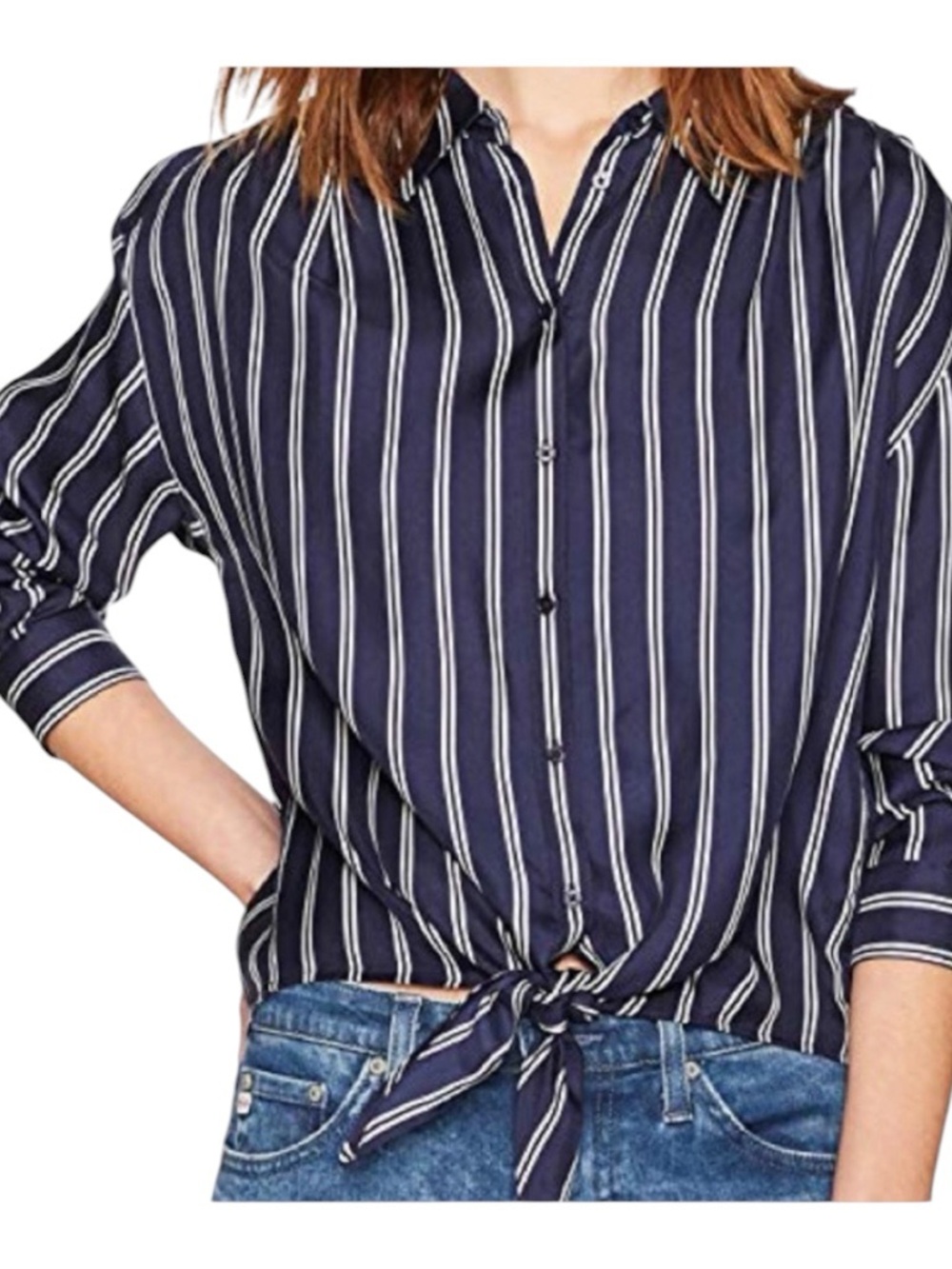 Joie 100% Silk Navy White Striped Button Up Womens Shirt Tie Front Size XS